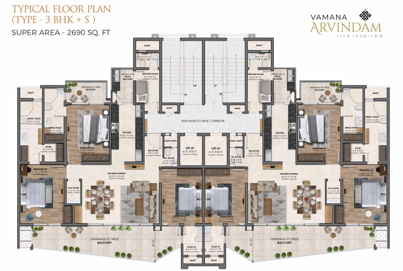 Vamana Arvindam Floor Plan 3BHK + Servant